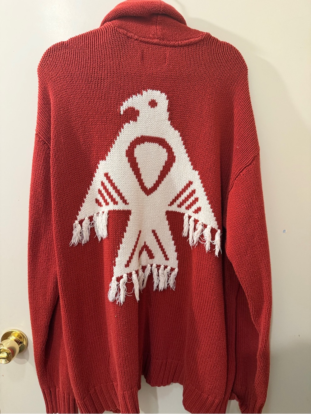 Idyllwind Red Shawl Collar Button-Front Cardigan with White Geometric Pattern - Picture 4 of 4